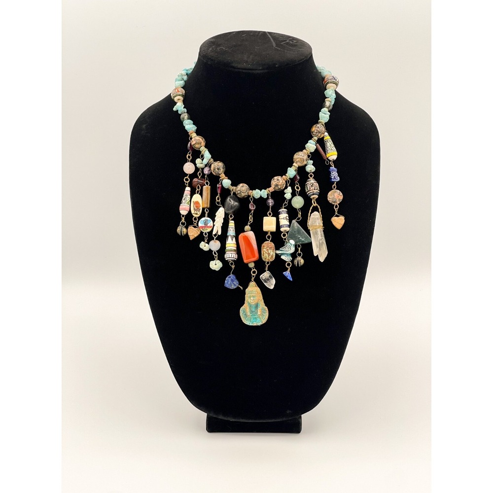 Vtg Artisan Bohemian Necklace – Turquoise, Carnelian, Lapis, Egyptian Revival